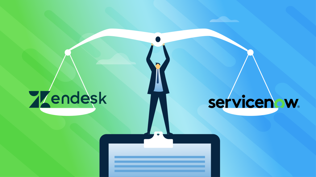 A conceptual comparison illustration showing a business professional balancing a scale, with the Zendesk logo on one side and the ServiceNow logo on the other, standing on a clipboard against a split green and blue background, visually representing a head-to-head evaluation of two IT service management platforms and highlighting the decision-making process between Zendesk and ServiceNow for enterprise service management solutions.