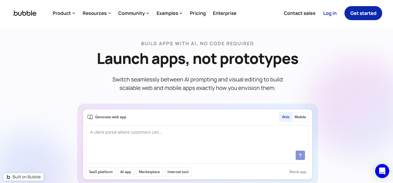 Bubble no-code application development platform homepage featuring the headline ‘Launch apps, not prototypes,’ highlighting AI-assisted app creation without coding, with an interface showing a prompt-based web app generator, options for web and mobile apps, and use cases such as SaaS platforms, AI apps, marketplaces, and internal tools.