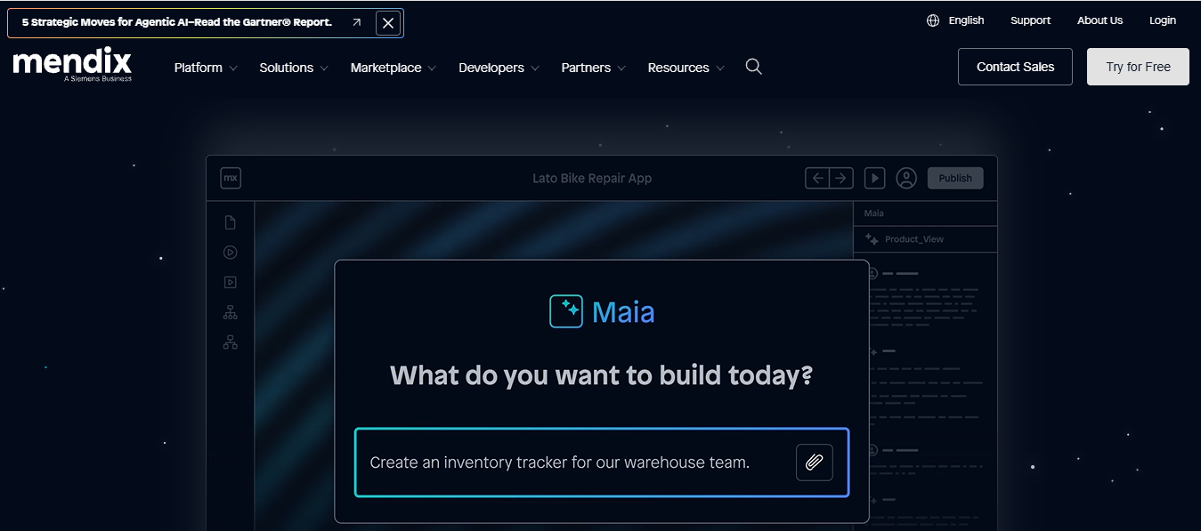 Mendix low-code platform interface showcasing an AI-powered app builder called Maia, with a prompt asking what application to build, surrounded by development tools, navigation panels, and deployment controls for creating enterprise applications quickly