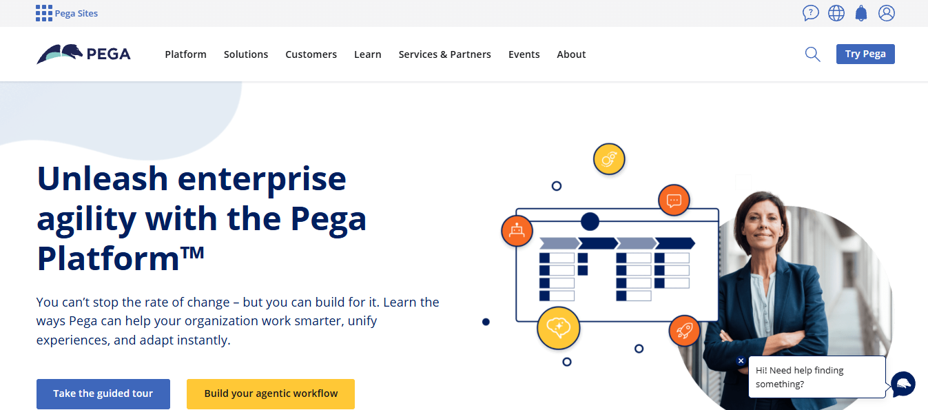Pega Platform webpage illustrating enterprise agility through low-code workflow automation, featuring a visual diagram of decision tables and process flows alongside a professional business user, with call-to-action buttons for guided tours and workflow building
