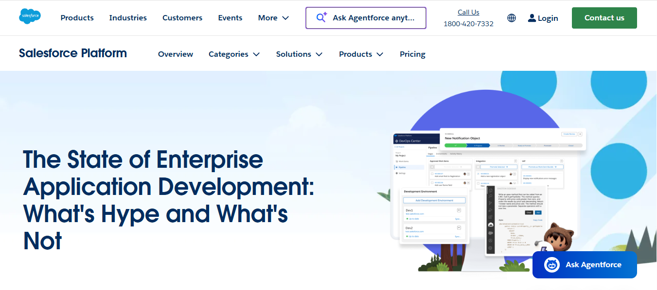 Salesforce Platform overview page presenting the state of enterprise application development, showing development environment screenshots, configuration panels, and messaging about separating real innovation from hype in modern app development.