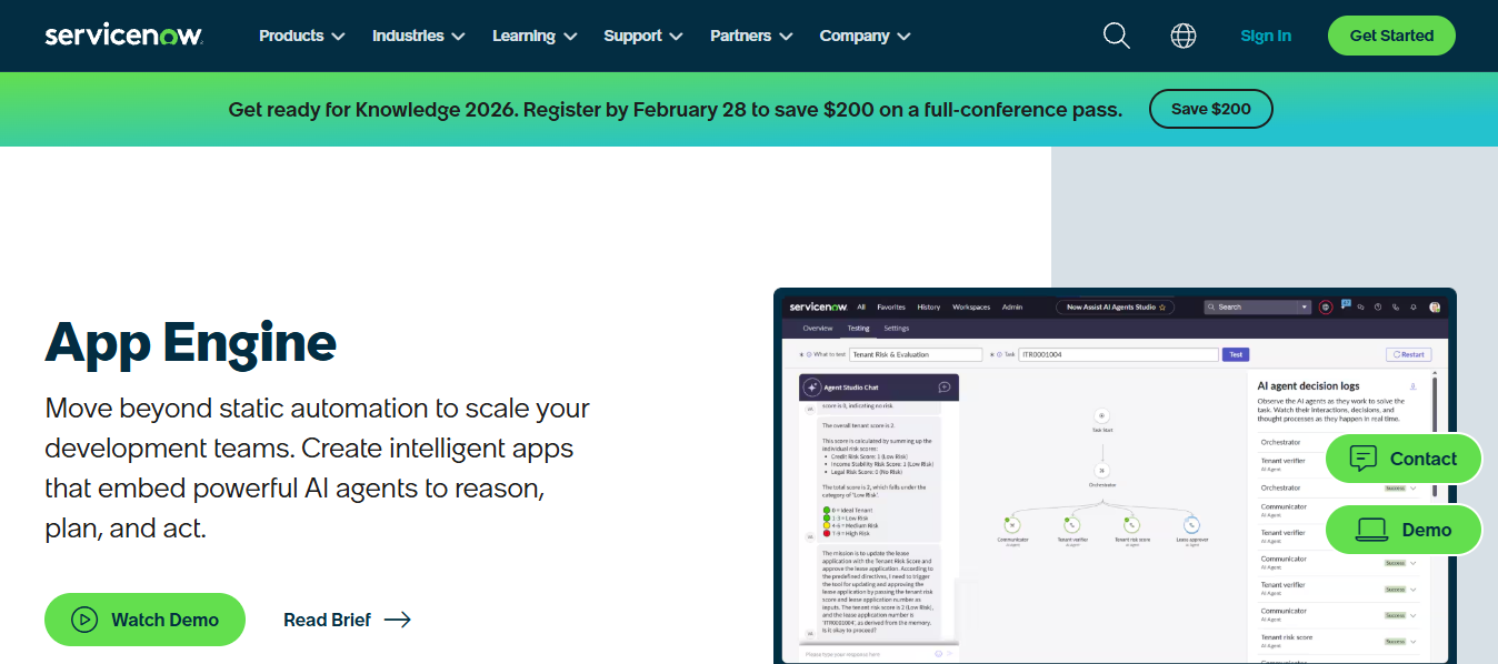 ServiceNow App Engine webpage displaying an application development interface with intelligent automation workflows, AI agent decision logs, orchestration paths, and testing tools designed to help development teams build scalable enterprise applications