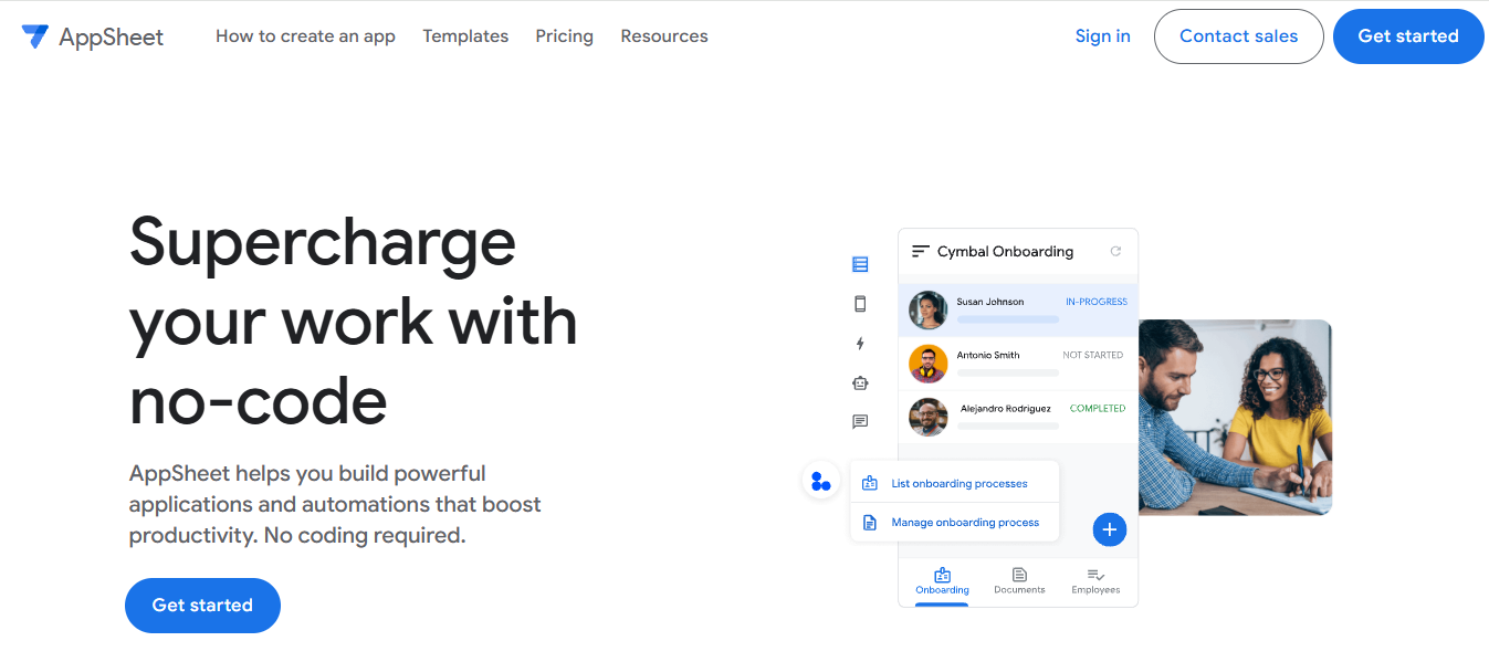Google AppSheet no-code platform homepage displaying a clean interface for building applications without programming, featuring an employee onboarding app example with user profiles, task status indicators, document management options, and mobile-friendly navigation.