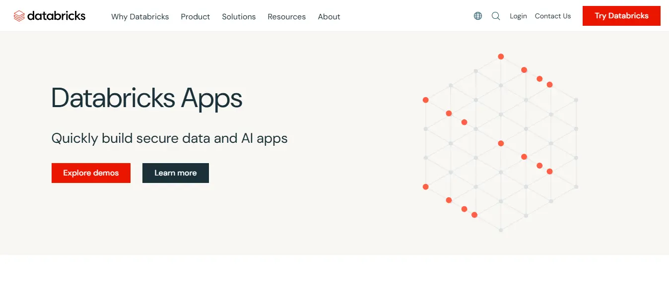 Databricks Apps webpage showing the message “Quickly build secure data and AI apps,” with options to explore demos or learn more.