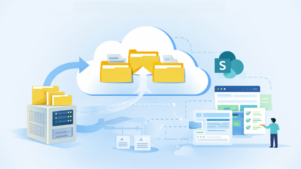 File server to SharePoint Online migration concept showing organized folders, cloud content, and document workflow