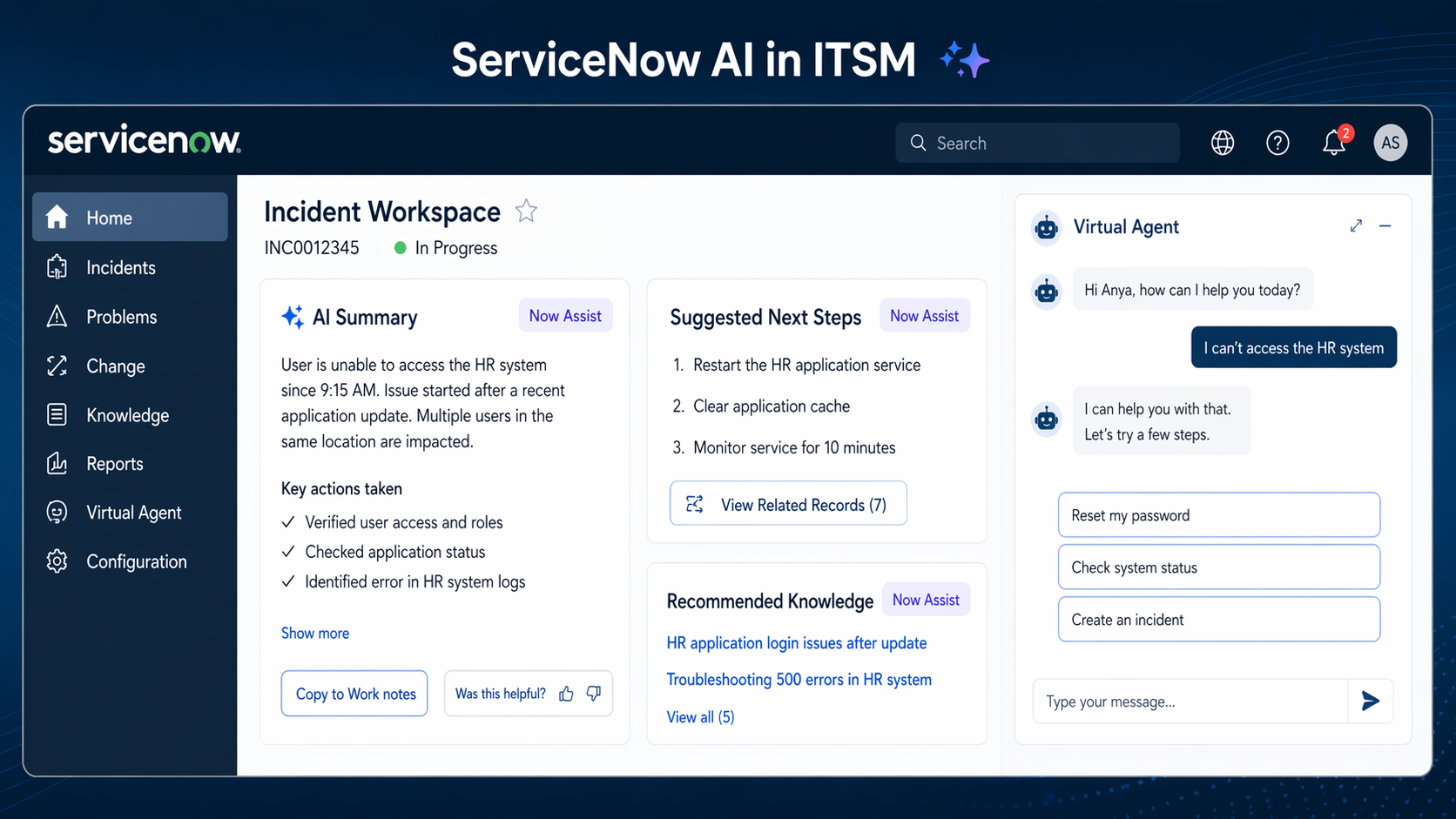 ServiceNow AI in ITSM dashboard showing incident summaries, suggested next steps, recommended knowledge, and virtual agent support.