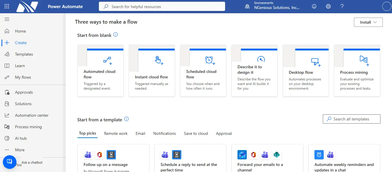 Screenshot of the Microsoft Power Automate dashboard showing the “Create” page with options to build automation flows, including Automated cloud flow, Instant cloud flow, Scheduled cloud flow, Desktop flow, Process mining, and an AI-assisted option to describe a flow for automatic design, along with a sidebar menu for Home, Templates, My flows, Approvals, Solutions, Automation center, and AI hub.