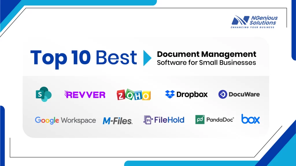Graphic titled “Top 10 Best Document Management Software for Small Businesses” featuring popular document management and collaboration platforms including Microsoft SharePoint, Revver, Zoho, Dropbox, DocuWare, Google Workspace, M-Files, FileHold, PandaDoc, and Box, with NGenious Solutions branding displayed in the top-right corner.