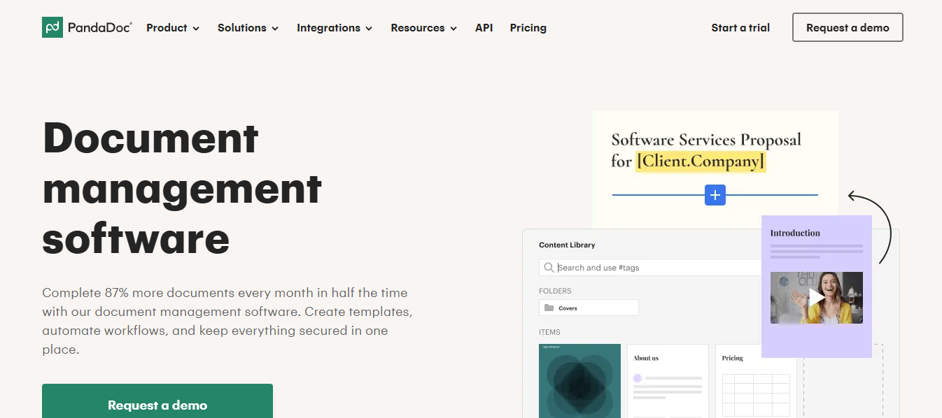 PandaDoc homepage featuring document management software for creating templates, automating workflows, managing digital proposals, and securely handling business documents.