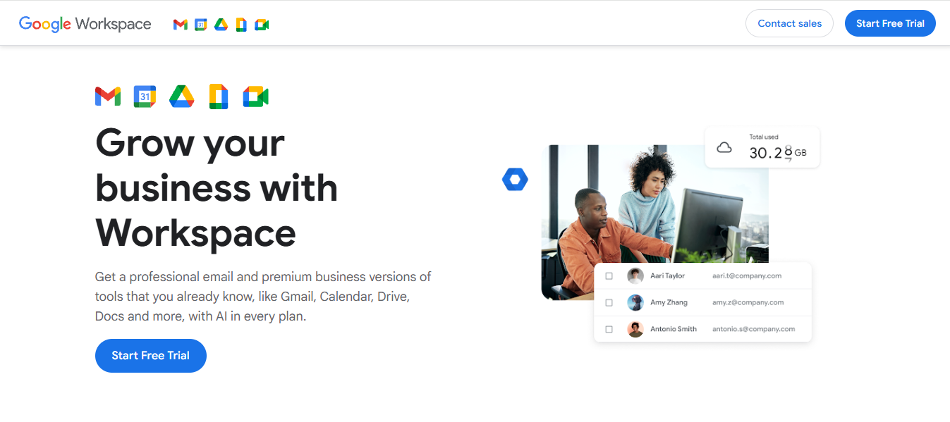 Google Workspace homepage promoting business productivity tools including Gmail, Calendar, Drive, Docs, and Meet, with messaging focused on professional email, collaboration, cloud storage, and AI-powered business productivity.