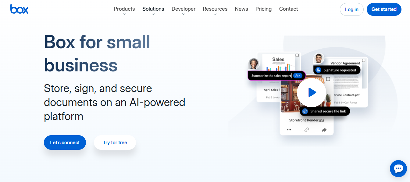 Box homepage for small businesses highlighting secure document storage, digital signatures, file sharing, and AI-powered document management and collaboration capabilities.