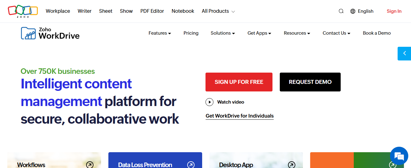 Zoho WorkDrive homepage promoting an intelligent content management platform for secure collaboration, file management, workflow organization, and business productivity.