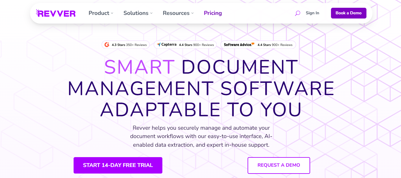 Revver document management software homepage featuring AI-enabled workflow automation, secure document management, data extraction, and customizable business document processes.