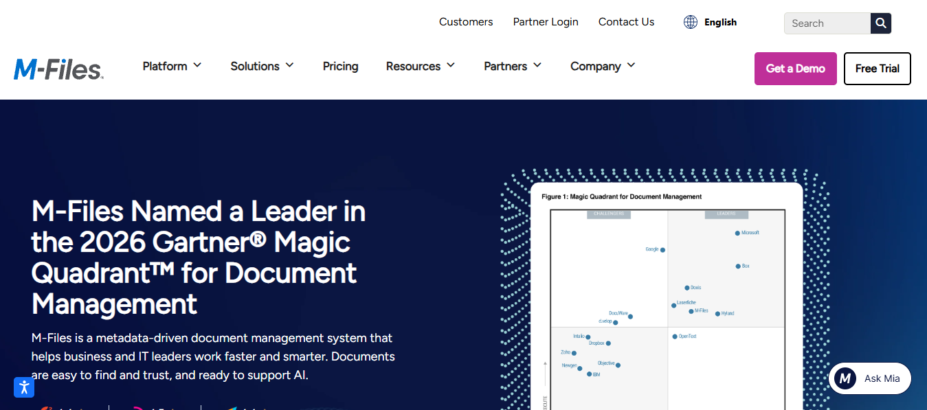 M-Files homepage showcasing a metadata-driven document management platform designed to improve document search, workflow efficiency, AI readiness, and enterprise content management.
