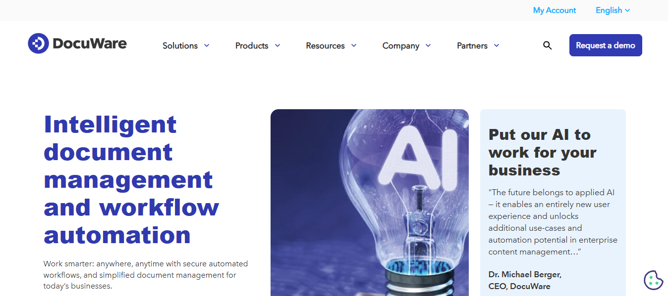 DocuWare homepage highlighting intelligent document management and workflow automation with AI-powered business process optimization and secure digital document handling.