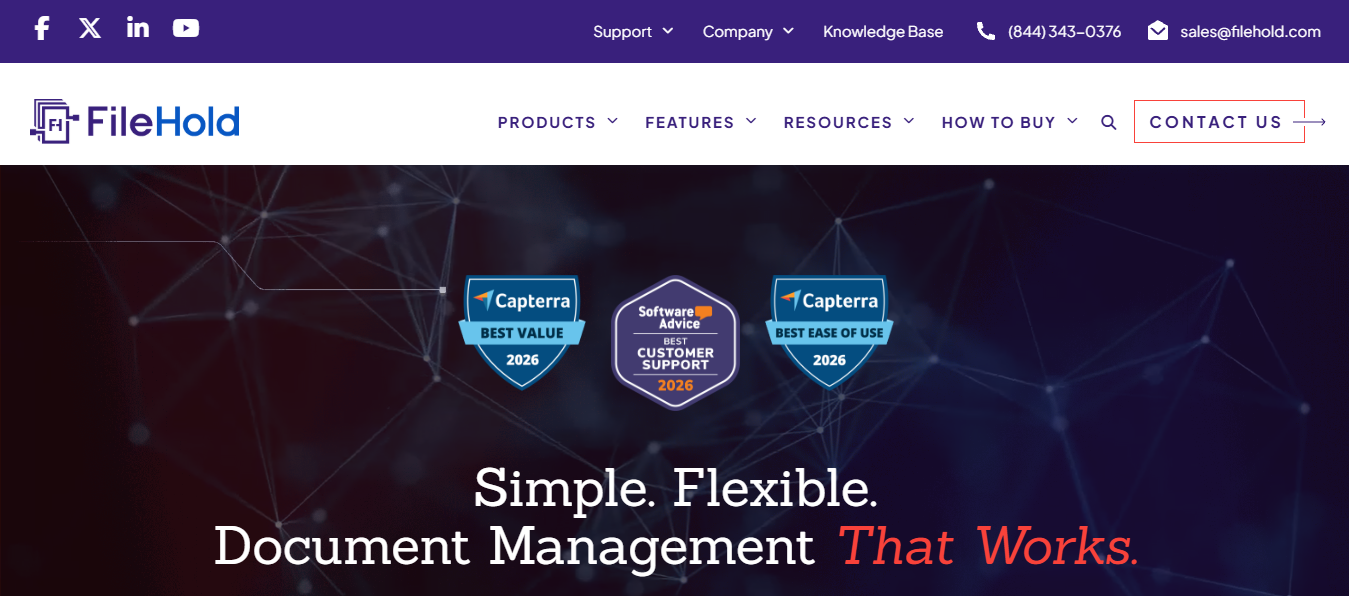 FileHold homepage promoting flexible document management software with features focused on secure document storage, workflow management, compliance, and business efficiency.