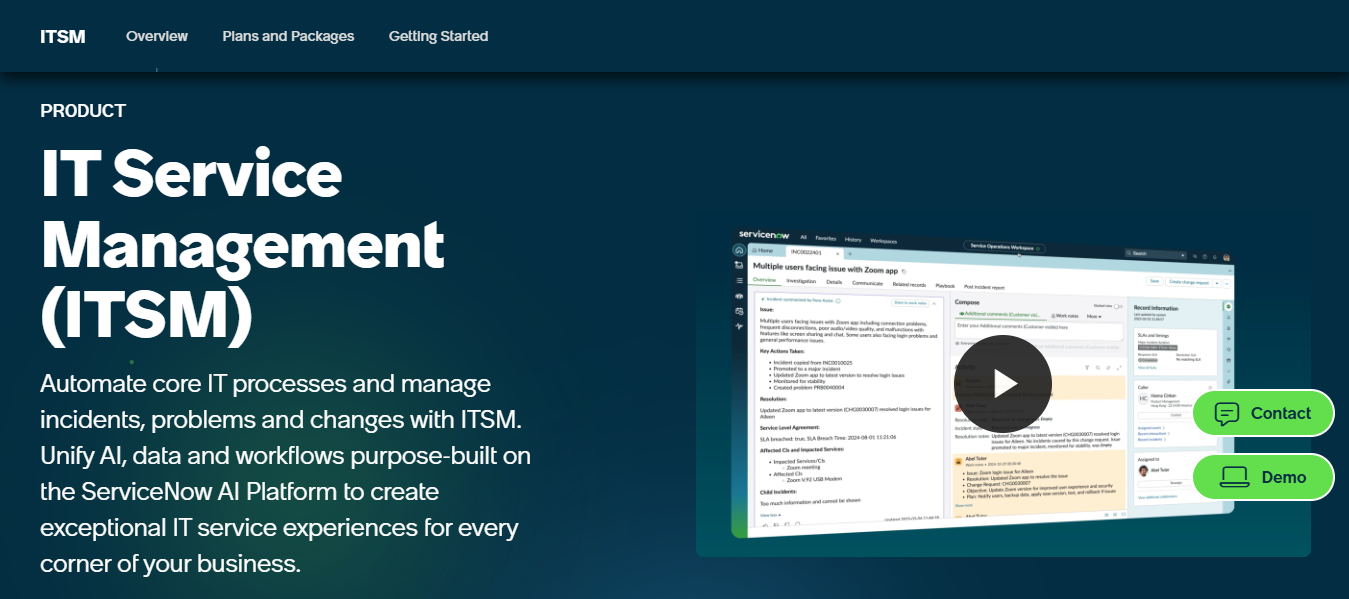 ServiceNow IT Service Management homepage presenting AI-powered ITSM capabilities for automating incidents, problems, and change management workflows across enterprise IT operations.