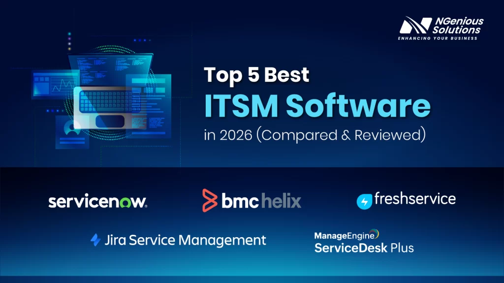 Promotional graphic titled “Top 5 Best ITSM Software in 2026 (Compared & Reviewed)” featuring leading IT service management platforms including ServiceNow, BMC Helix, Freshservice, Jira Service Management, and ManageEngine ServiceDesk Plus, alongside a futuristic digital IT operations illustration and NGenious Solutions branding.