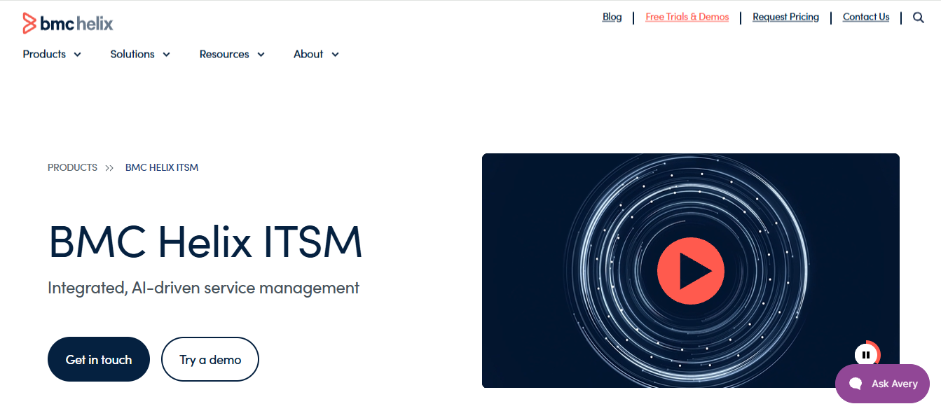 BMC Helix ITSM homepage showcasing an AI-driven IT service management platform with integrated automation, service operations, and enterprise IT workflow capabilities, featuring demo and contact call-to-action buttons.