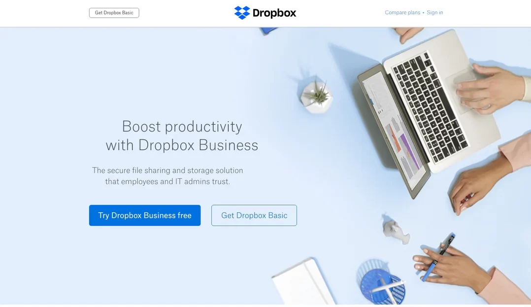 Dropbox Business homepage promoting secure cloud file storage and file sharing solutions designed to improve team productivity, collaboration, and document accessibility for businesses and IT administrators.