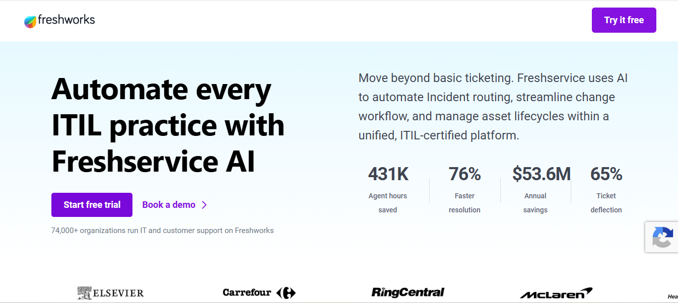 Freshservice AI homepage highlighting automated ITIL practices using AI-powered incident management, workflow automation, asset lifecycle management, and IT service efficiency metrics.