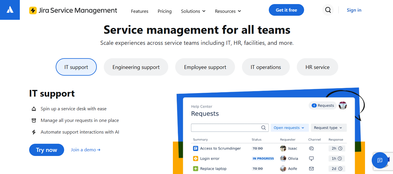 Jira Service Management webpage promoting scalable service management for IT, HR, operations, and support teams with AI-powered request management, automation, and collaborative service desk features.