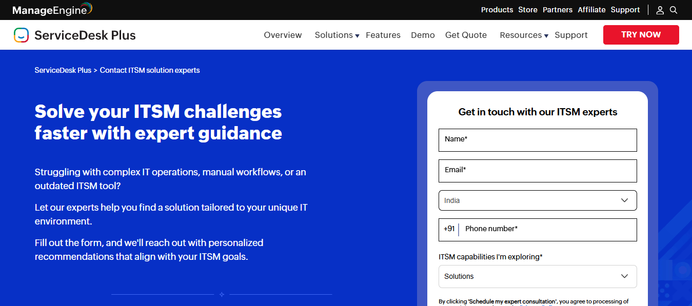 ManageEngine ServiceDesk Plus landing page focused on solving ITSM challenges through expert-guided IT operations management, workflow automation, and tailored service desk solutions.