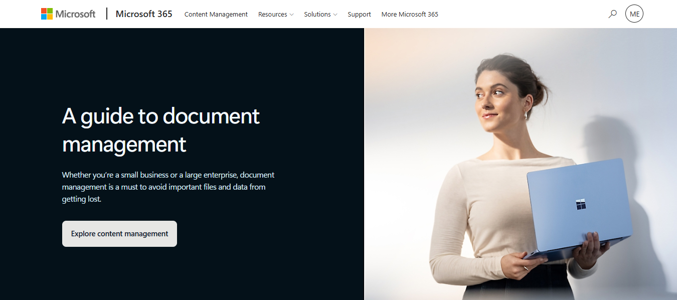 Microsoft SharePoint content management page introducing document management solutions for businesses, including secure file storage, collaboration, and enterprise content management capabilities.