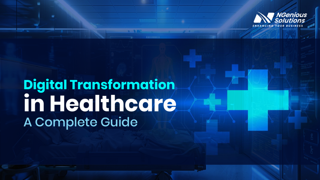 Title graphic introducing a guide to healthcare digital transformation, featuring a modern healthcare environment with digital technology and connected care visuals.