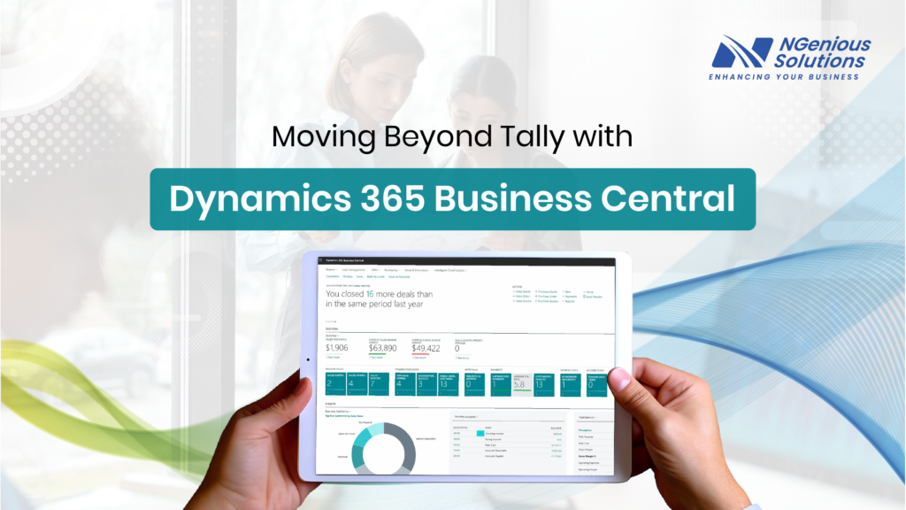 Featured image showing a tablet displaying the Microsoft Dynamics 365 Business Central dashboard with the title "Moving Beyond Tally with Dynamics 365 Business Central." The image represents ERP modernization, business process automation, financial management, and migration from Tally to a cloud-based ERP solution.