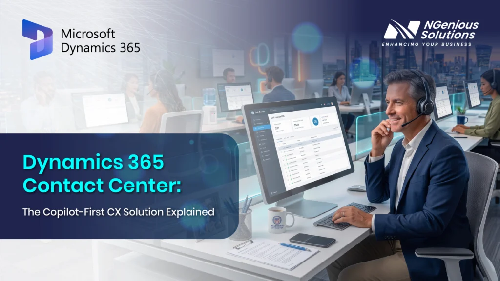 Microsoft Dynamics 365 Contact Center with Copilot interface, showcasing AI-powered omnichannel customer service and agent productivity