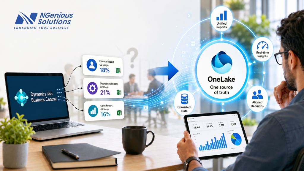 Illustration showing Microsoft Dynamics 365 Business Central data flowing into Microsoft OneLake to create a unified source of truth. The graphic highlights consistent data, unified reports, real-time insights, and aligned business decisions through an integrated data strategy.