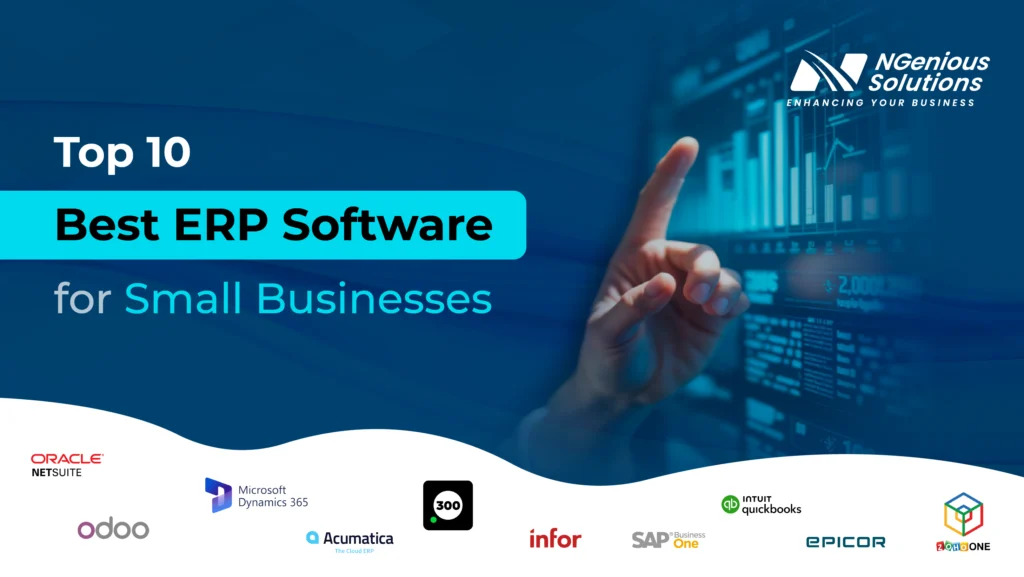 A modern infographic titled “ERP Software for Small Businesses” featuring a central business analytics interface surrounded by logos of popular ERP platforms including Microsoft Dynamics 365, Zoho One, Acumatica, QuickBooks, Epicor, SAP Business One, Oracle NetSuite, Odoo, Infor, and 300, illustrating a comparison landscape of top ERP software solutions designed for small and growing businesses.