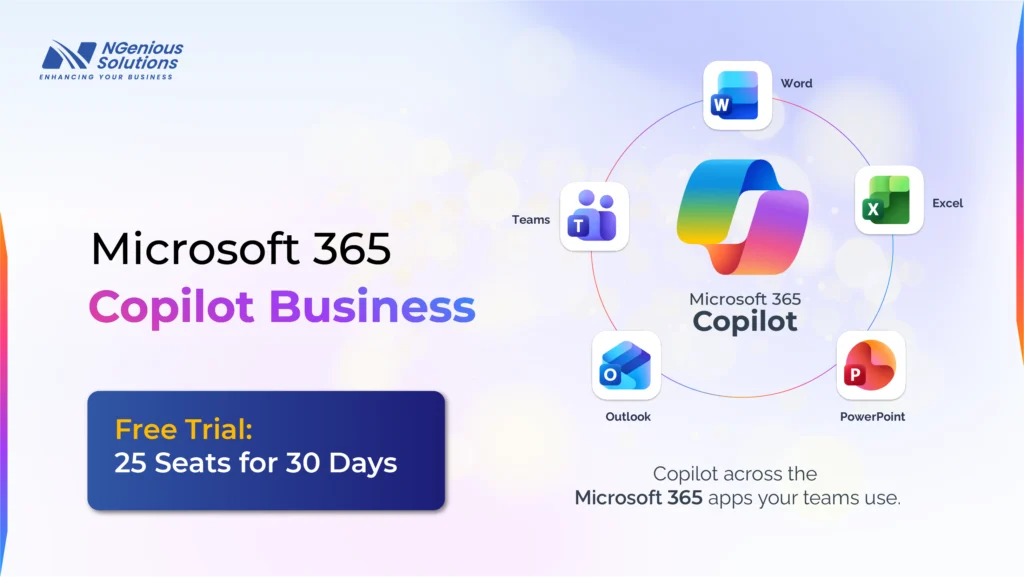 Microsoft 365 Copilot Business free trial graphic promoting a free trial of 25 seats for 30 days, showing Copilot integrated with Word, Excel, Teams, Outlook, and PowerPoint.