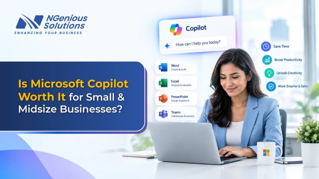 Microsoft Copilot for small and midsize businesses, showing how Copilot integrates with Word, Excel, PowerPoint, and Teams to save time, boost productivity, unlock creativity, and support smarter work.